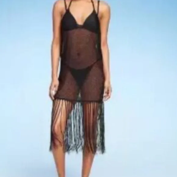 wild fable Black Fringe Mesh Swim Coverup - Picture 1 of 6